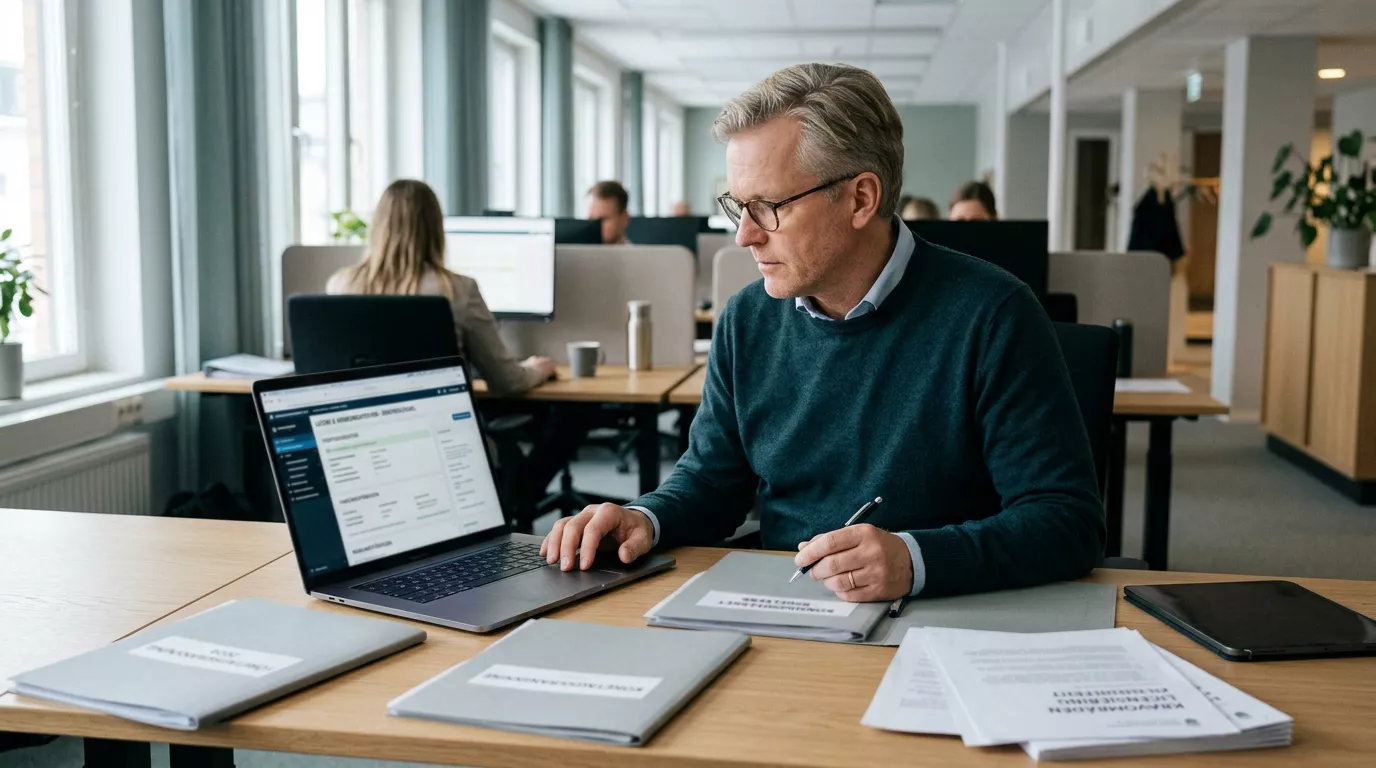 Person kontrollerar licens och konsumentskydd med tydliga dokumentkort