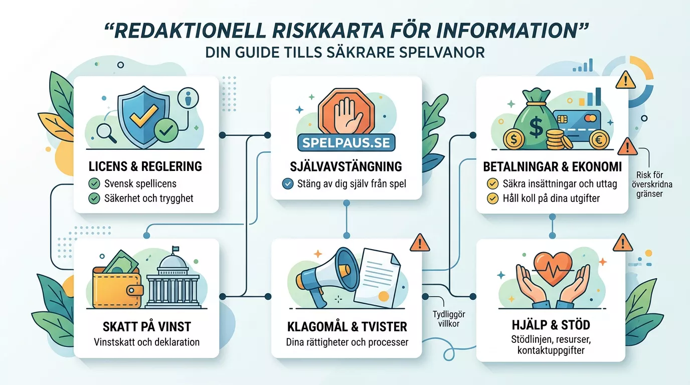 Riskkarta med områden för licens, Spelpaus, betalningar, skatt och klagomål